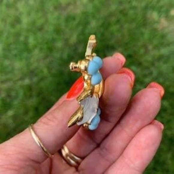 Sarah Coventry White Enamel Leaf Turquoise Brooch - Picture 4 of 5